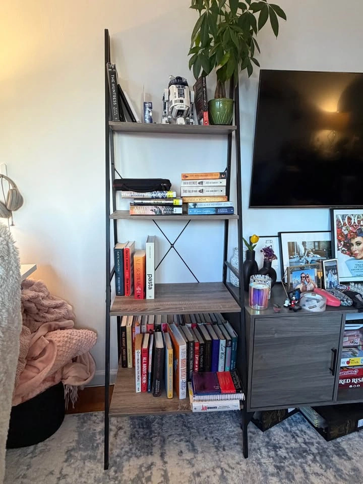 4-Tier Ladder Bookshelf Black Metal Wood Look - photo 5