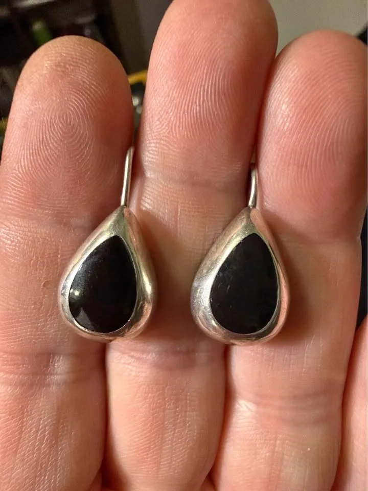 Vintage Teardrop Sterling Silver & Onyx Earrings
