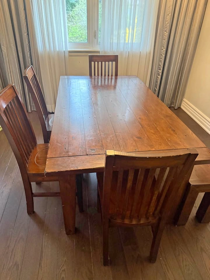 Solid Wood Dining Set – Table + 4 Chairs + Bench