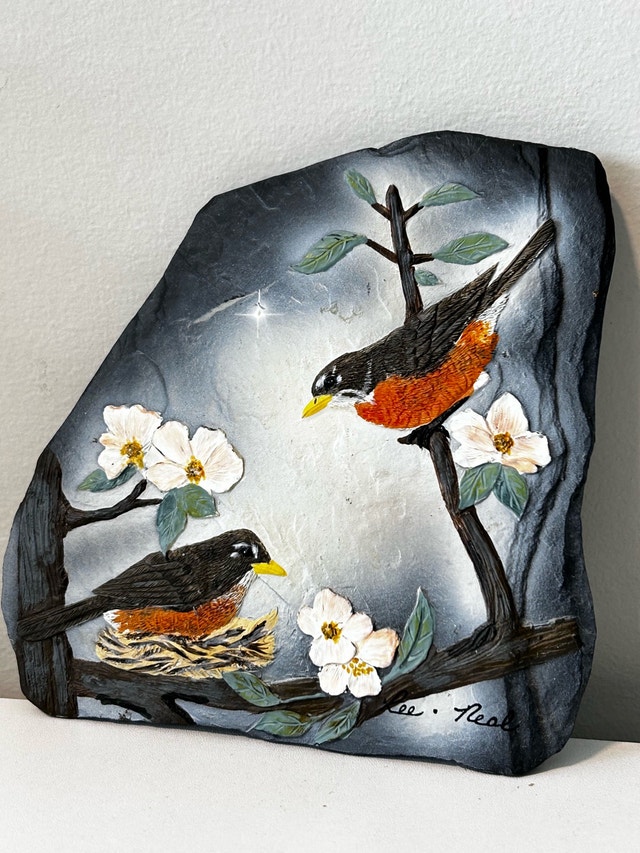 Hand Painted Stone Art with Birds and Flowers Robin Pair decor