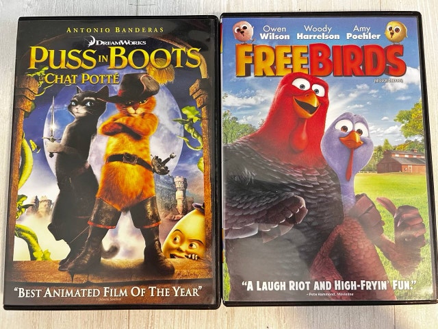 Puss in Boots and Free Birds DVDs