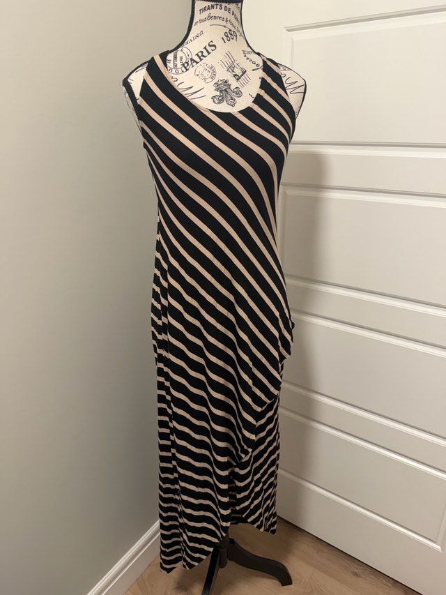 Venus Maxi Dress Striped Tan Black Criss Cross Open Back