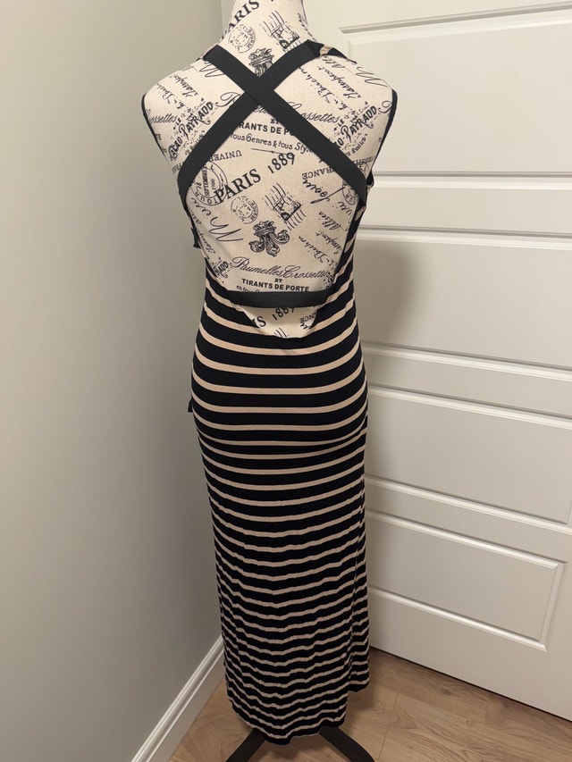 Venus Maxi Dress Striped Tan Black Criss Cross Open Back - photo 2