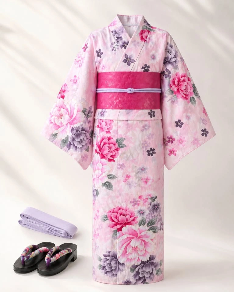 BRAND NEW Japanese Pink Floral Yukata/Kimono Set - photo 2