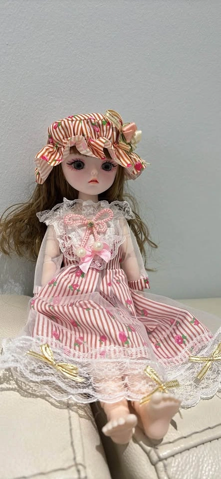 Cute Doll with Pink Striped Dress and Hat - photo 2