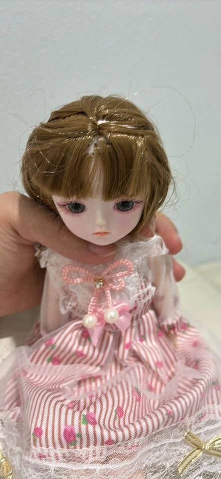 Cute Doll with Pink Striped Dress and Hat - photo 3