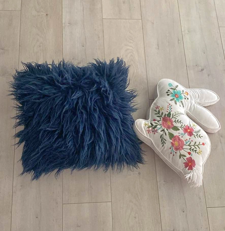 Navy Fur Pillow & Embroidered Bunny Pillow