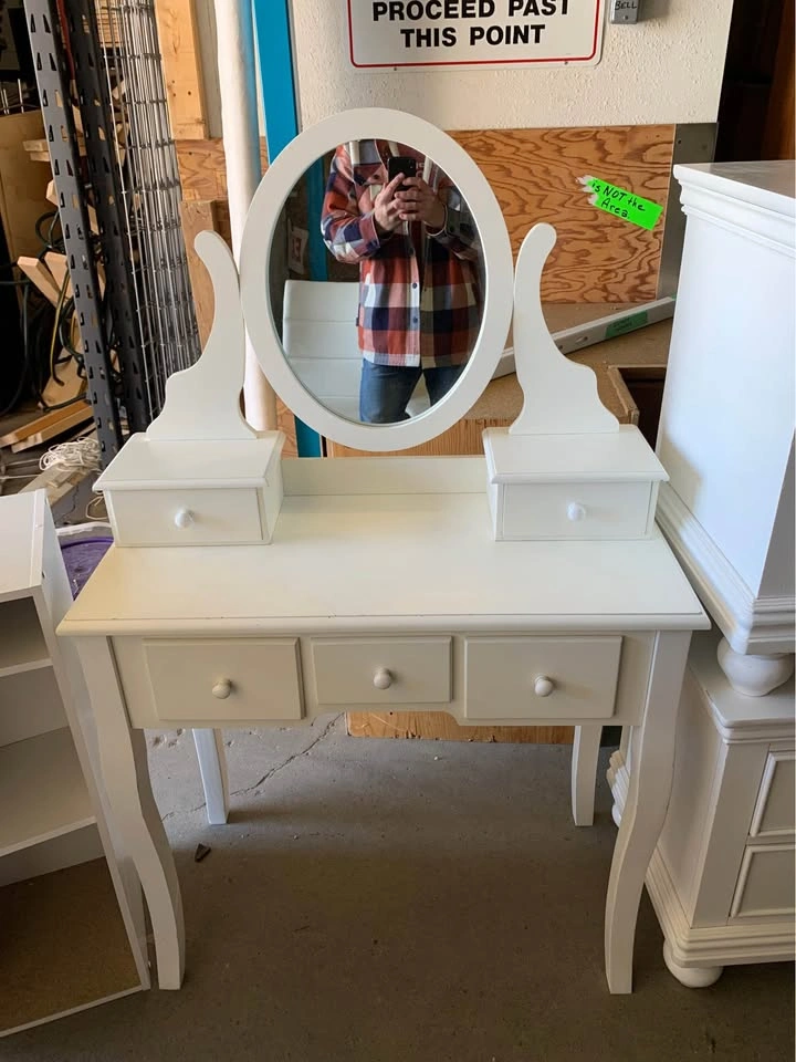 White Makeup Mirror Vanity w/ Desk Hutch