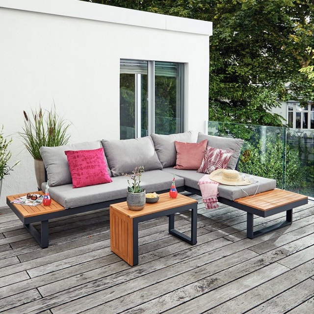 Modern Outdoor Patio Sofa Set, 3PCS Aluminum + Wood
