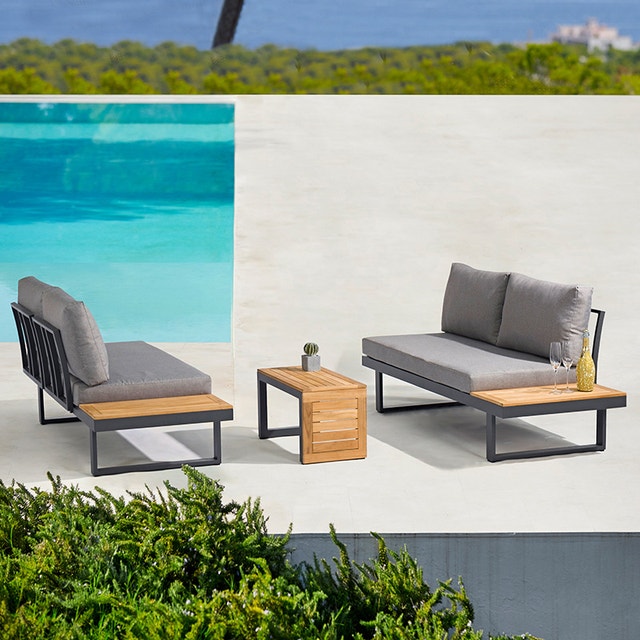 Modern Outdoor Patio Sofa Set, 3PCS Aluminum + Wood - photo 2