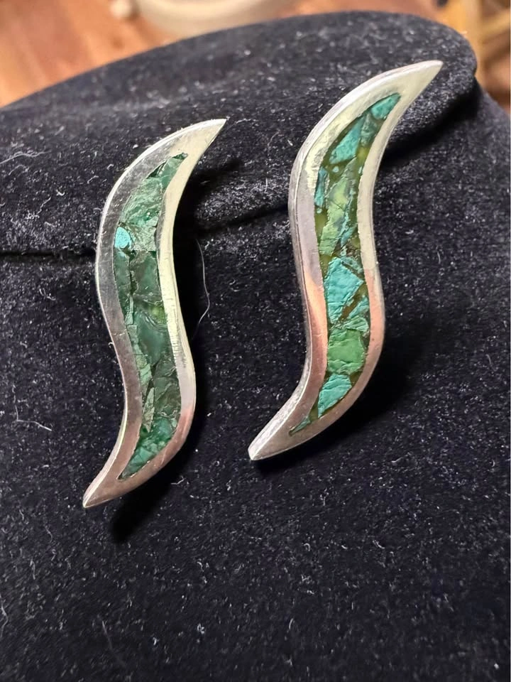 Vintage Taxco Mexican Silver Turquoise Inlay Pendant & Earrings - photo 2