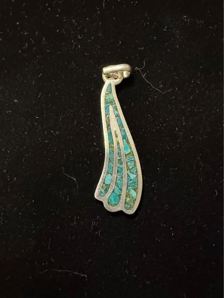 Vintage Taxco Mexican Silver Turquoise Inlay Pendant & Earrings - photo 3