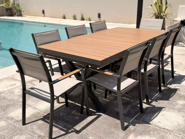 Luxury Automatic Extension Dining Table, Aluminum Frame + Teak