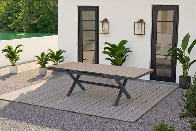Luxury Automatic Extension Dining Table, Aluminum Frame + Teak - photo 3