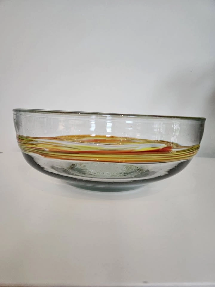 Hand-blown Decorative Bowl, Clear Glass with Colourful Horizonta