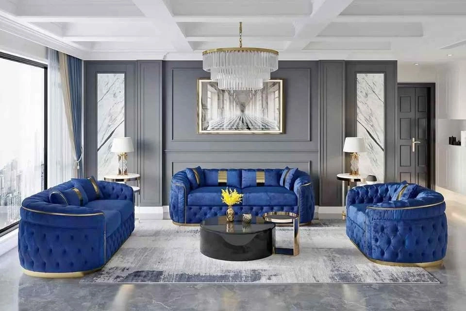 3-piece Velvet Living Room Set with PU gold accent