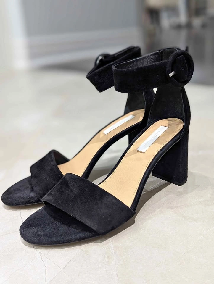 New H&M Black Suede Sandals EU 38 Block Heel Ankle Strap Buckle