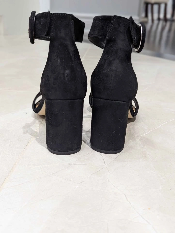 New H&M Black Suede Sandals EU 38 Block Heel Ankle Strap Buckle - photo 2