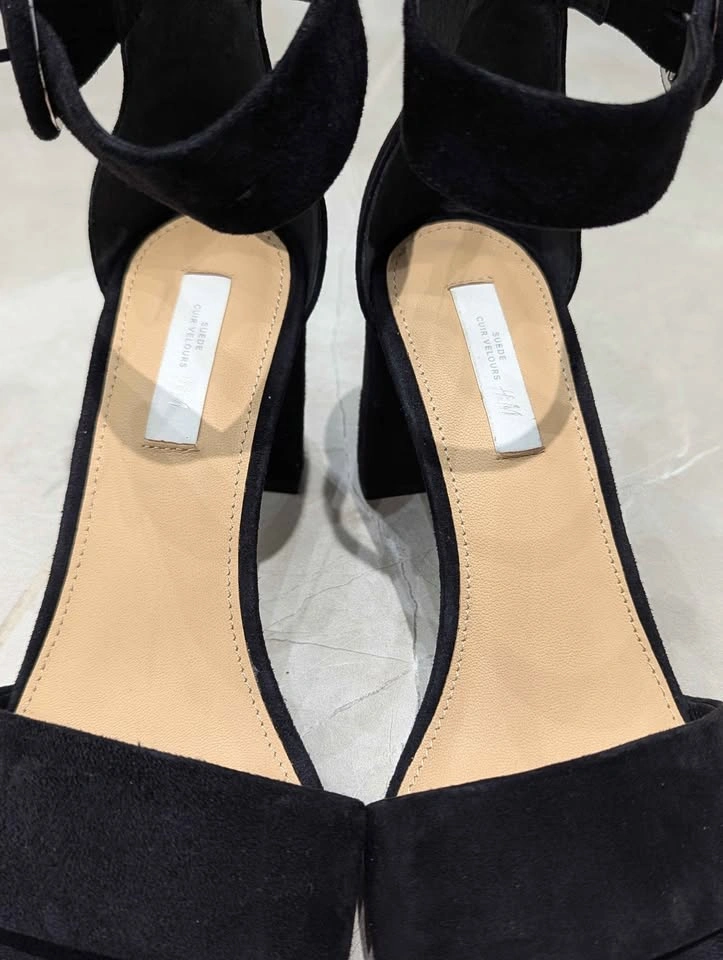 New H&M Black Suede Sandals EU 38 Block Heel Ankle Strap Buckle - photo 3
