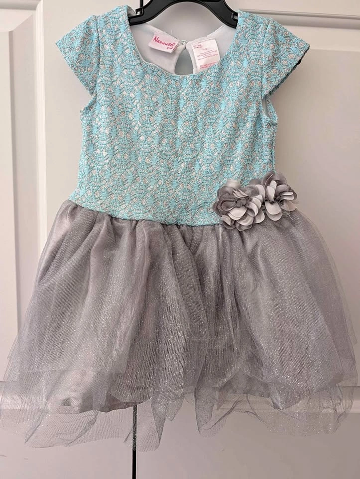 Nannette Girl Sparkly Tulle Dress 3T Blue Silver Lace Party