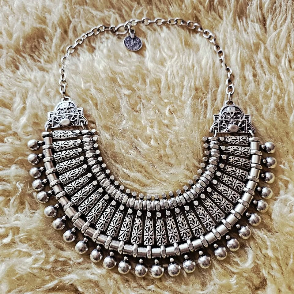 Cleopatra Statement Collar Necklace Zamak Silver Bib Fringe Boho