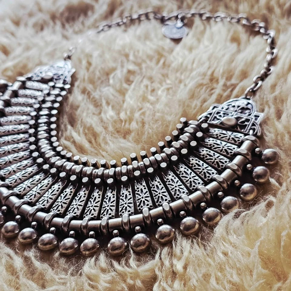 Cleopatra Statement Collar Necklace Zamak Silver Bib Fringe Boho - photo 2