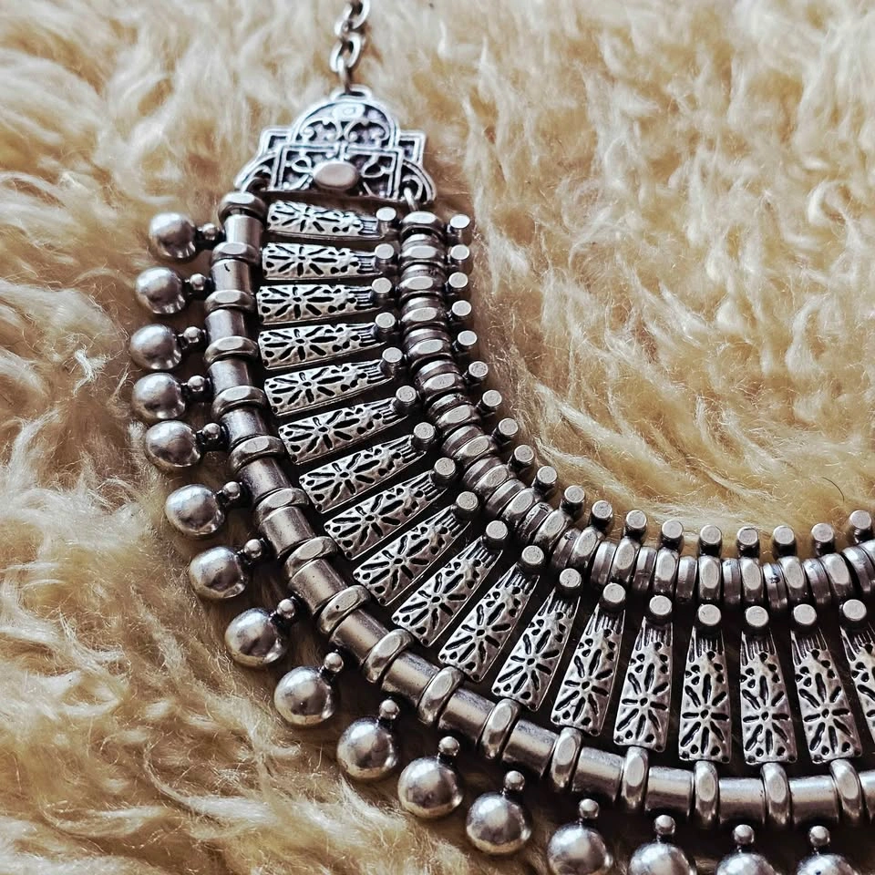 Cleopatra Statement Collar Necklace Zamak Silver Bib Fringe Boho - photo 4
