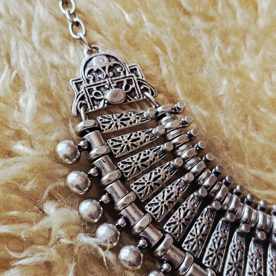Cleopatra Statement Collar Necklace Zamak Silver Bib Fringe Boho - photo 5