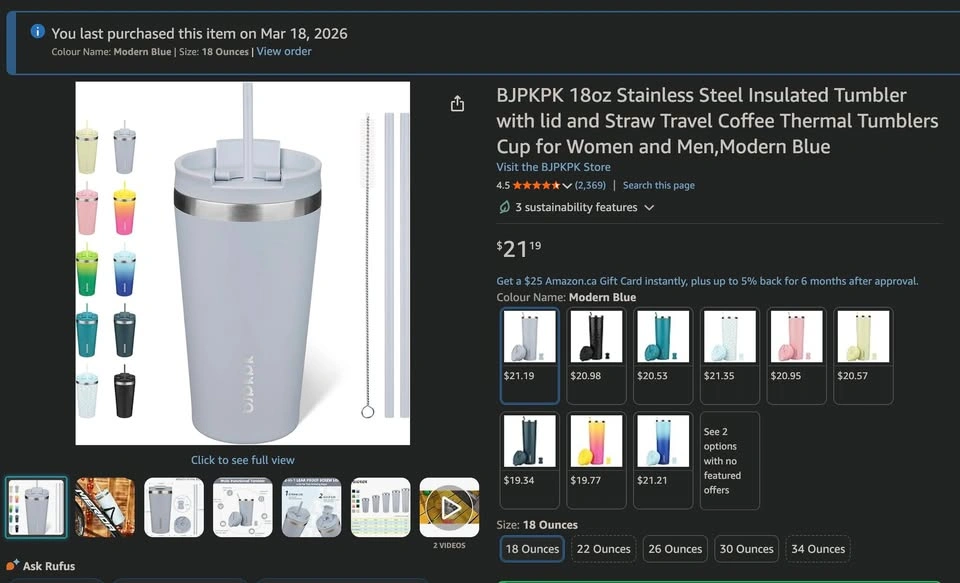 Amazon BJPKPK 18oz Stainless Steel Insulated Tumbler with lid an - photo 2