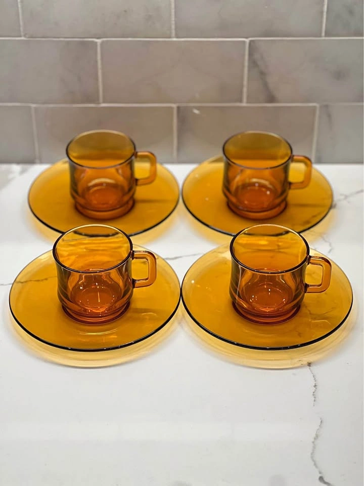 Vintage Amber Glass Coffee Cups & Saucers - Duralex France