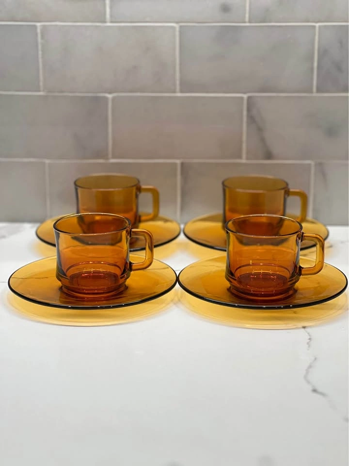 Vintage Amber Glass Coffee Cups & Saucers - Duralex France - photo 2