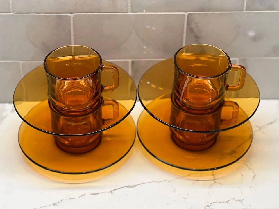 Vintage Amber Glass Coffee Cups & Saucers - Duralex France - photo 3