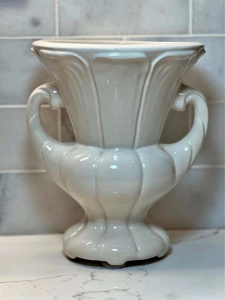 White Ceramic Trophy Vase with Handles Grecian Inspired Urn