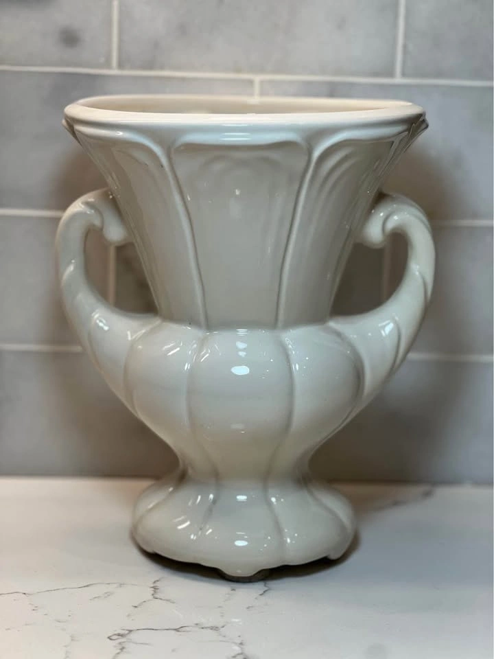 White Ceramic Trophy Vase with Handles Grecian Inspired Urn - photo 3