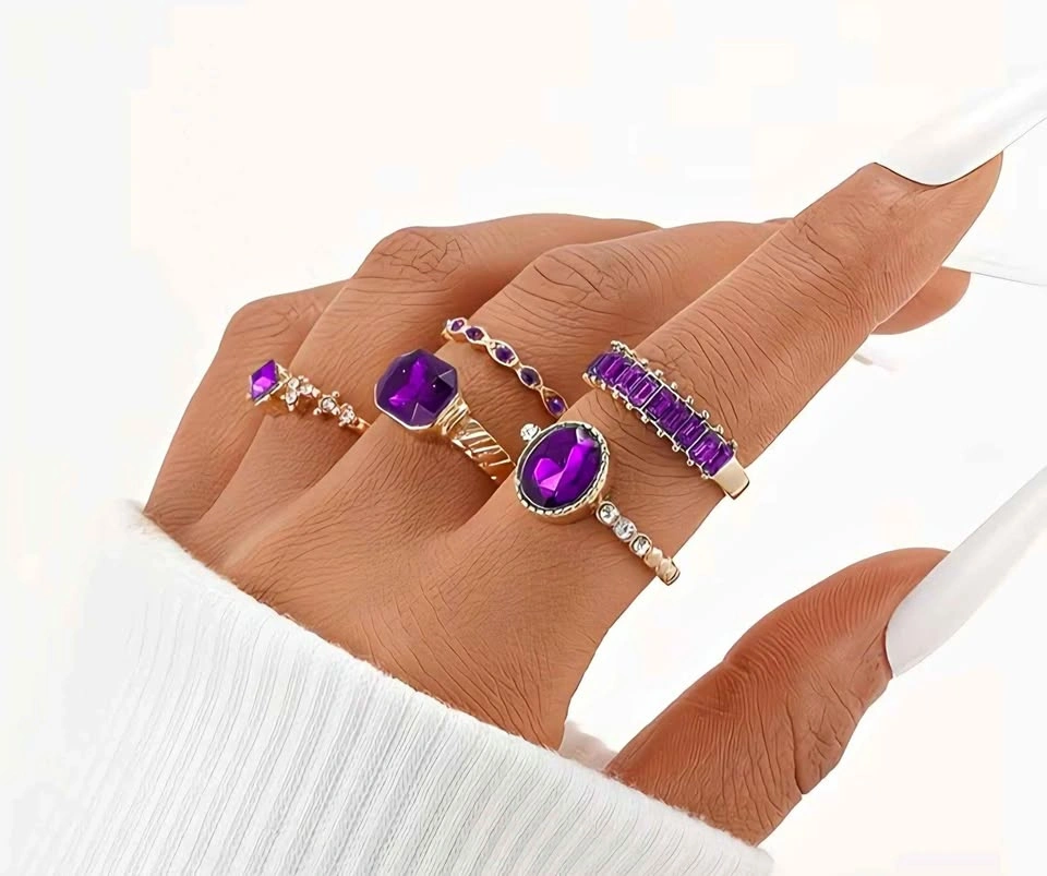 New 5pc Purple Glass Ring Set - Size 8