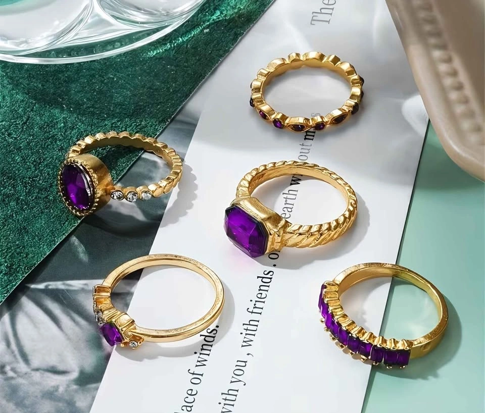 New 5pc Purple Glass Ring Set - Size 8 - photo 2