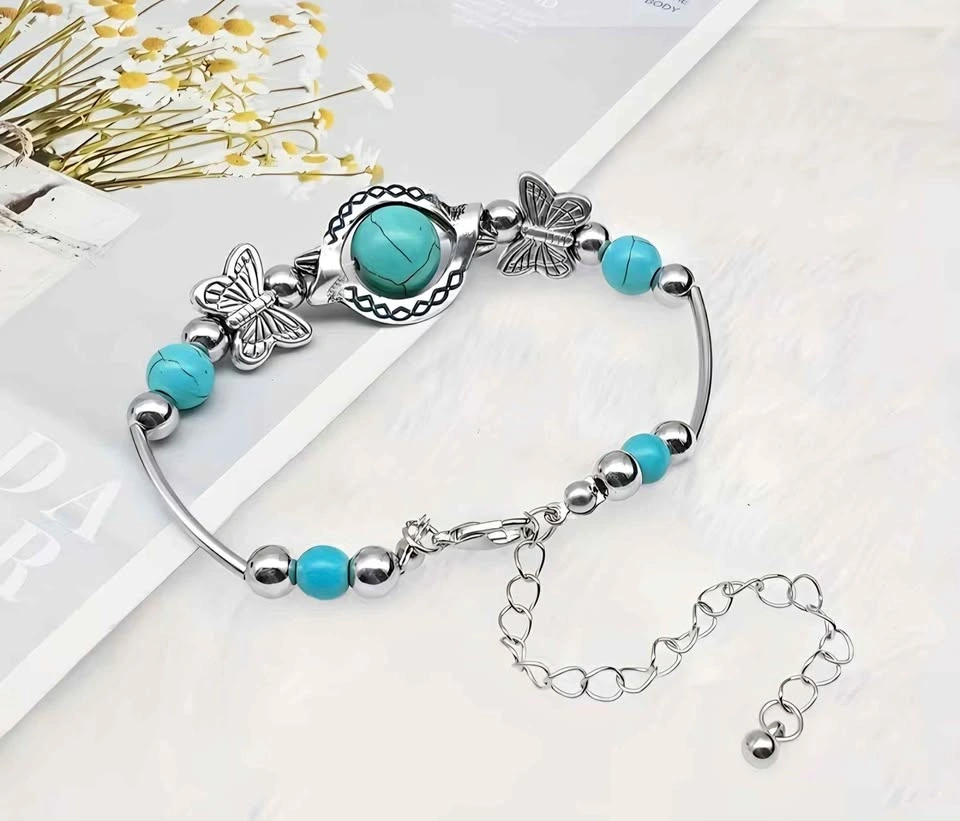 Vintage Silver Plated Turquoise Bracelet w/ Butterfly Charms
