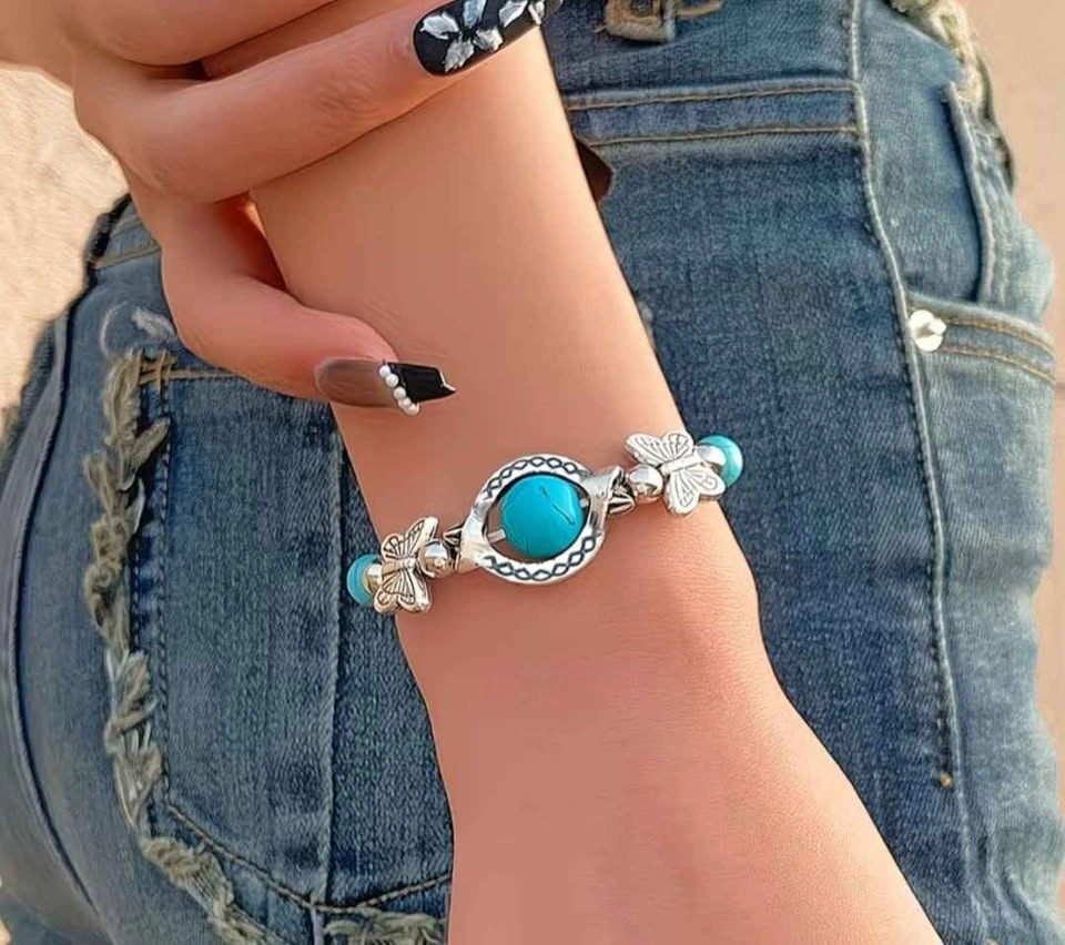 Vintage Silver Plated Turquoise Bracelet w/ Butterfly Charms - photo 2