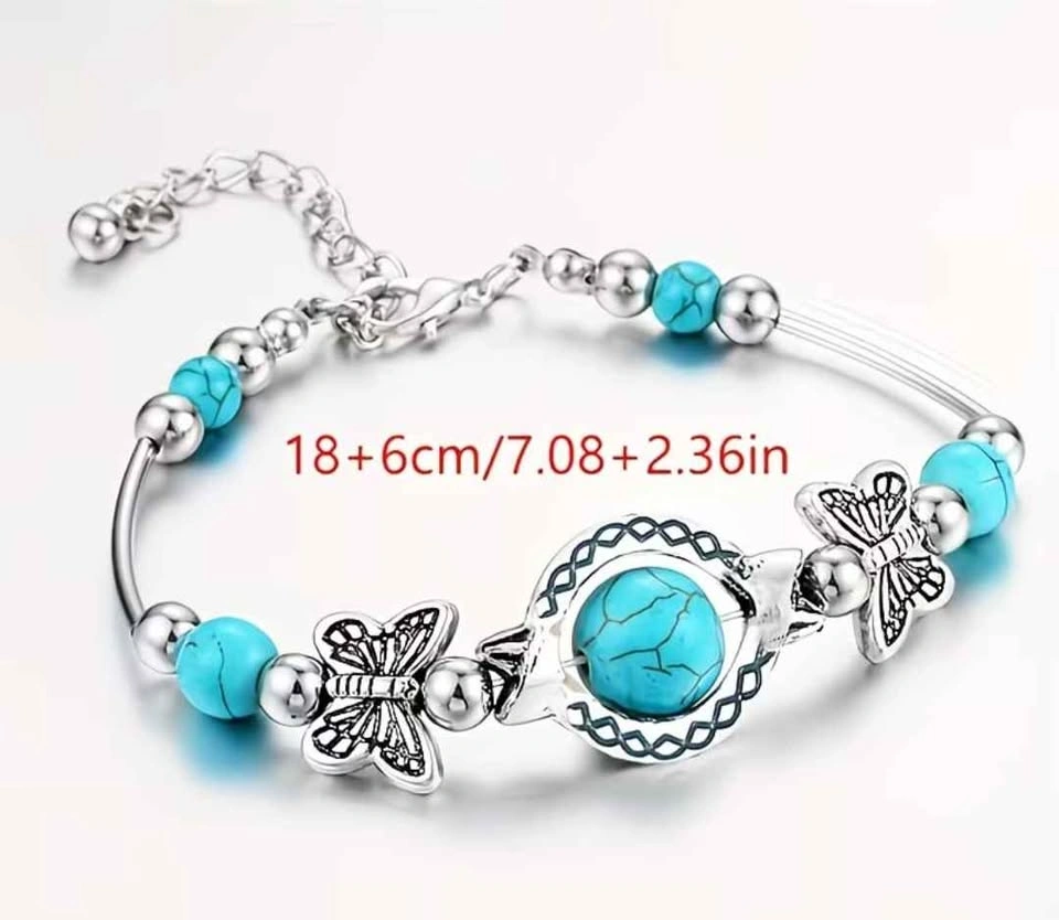 Vintage Silver Plated Turquoise Bracelet w/ Butterfly Charms - photo 3