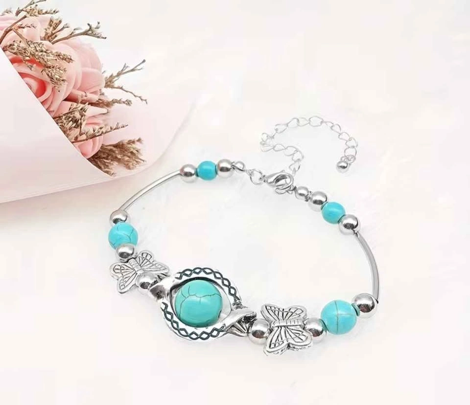 Vintage Silver Plated Turquoise Bracelet w/ Butterfly Charms - photo 4