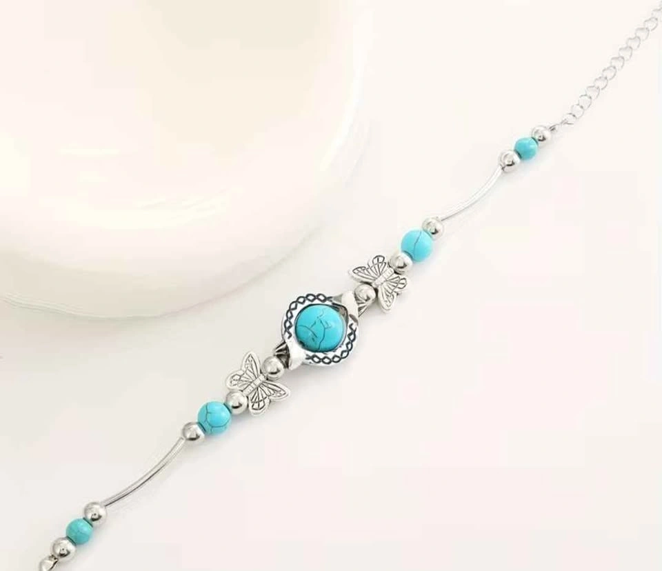 Vintage Silver Plated Turquoise Bracelet w/ Butterfly Charms - photo 5
