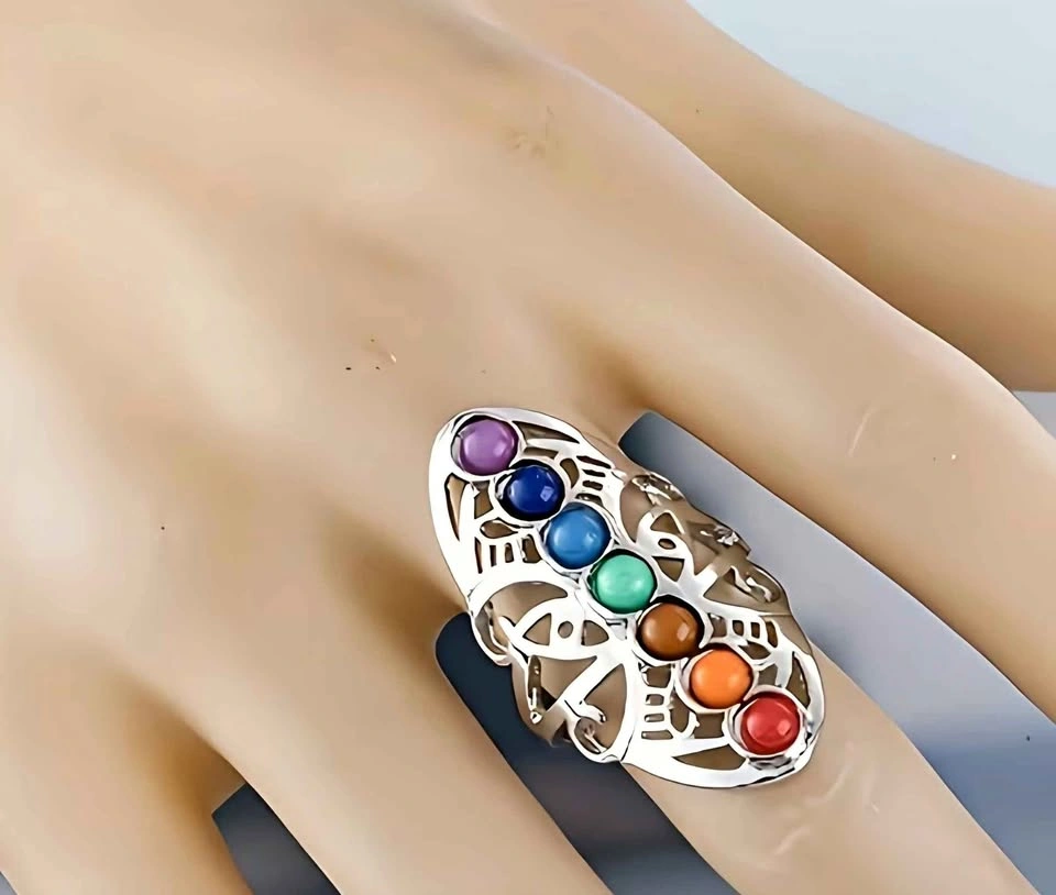 New Seven Chakra Synthetic Gemstone Ring - Size 9