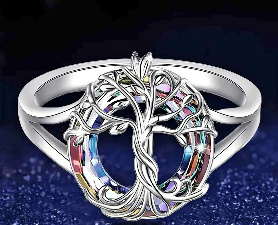 New Stylish Tree of Life Rainbow Glass Ring - Size 10