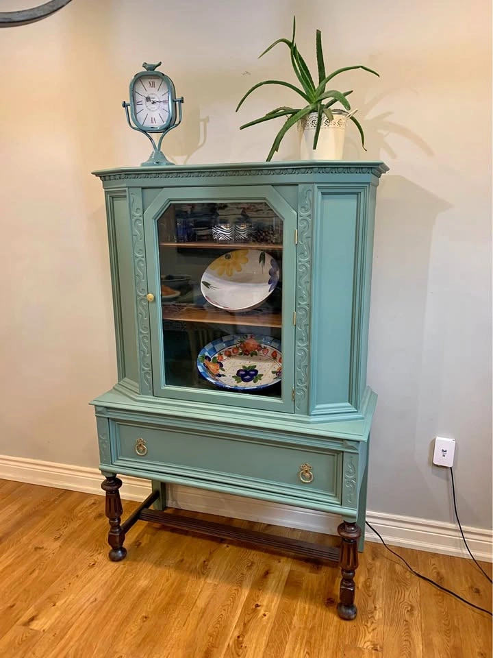 Vintage Hutch / China Cabinet - Refinished Green