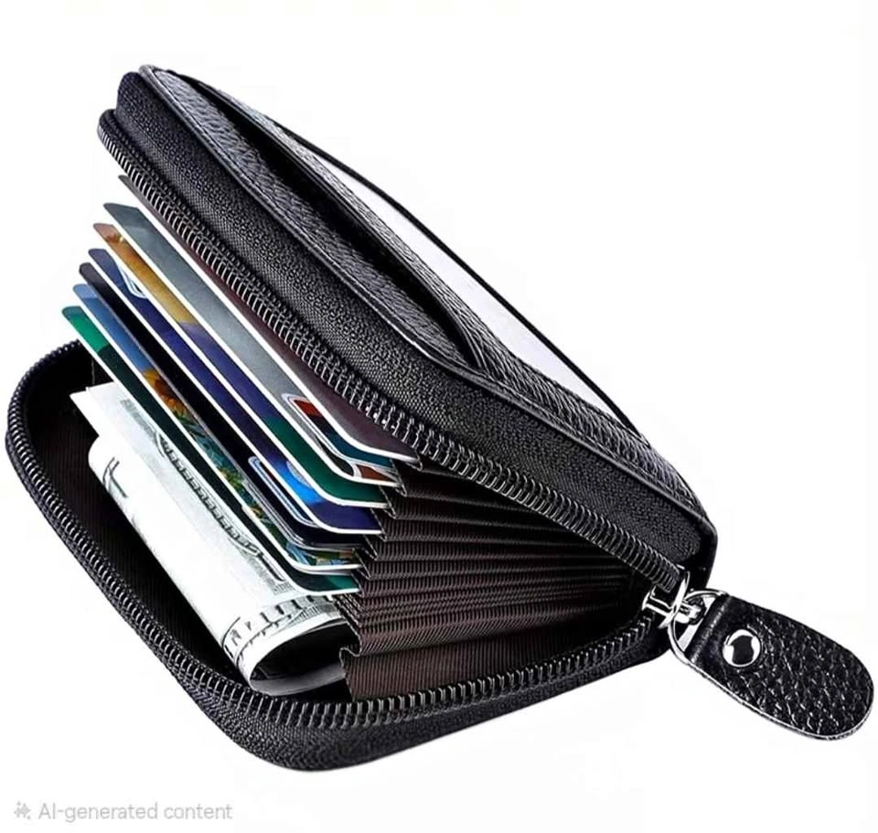 New Small Black Cowhide Zippered Wallet with RFID Blocking