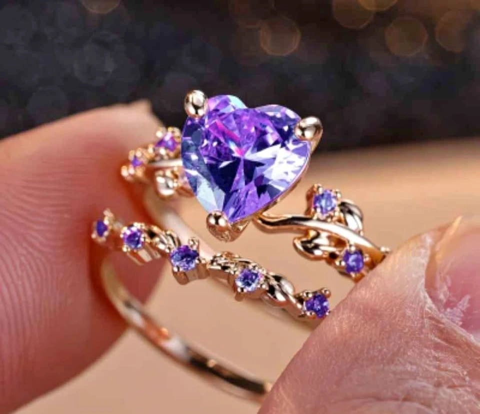 2pc 14K Gold Plated Heart Amethyst Rings - Size 7/8
