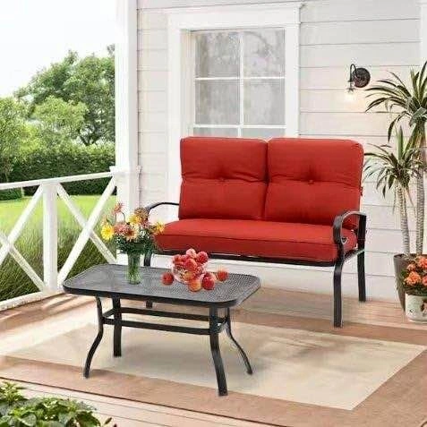 Outdoor Metal Loveseat and Coffee Table Set with Red Cushions