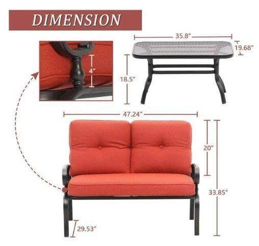 Outdoor Metal Loveseat and Coffee Table Set with Red Cushions - photo 2