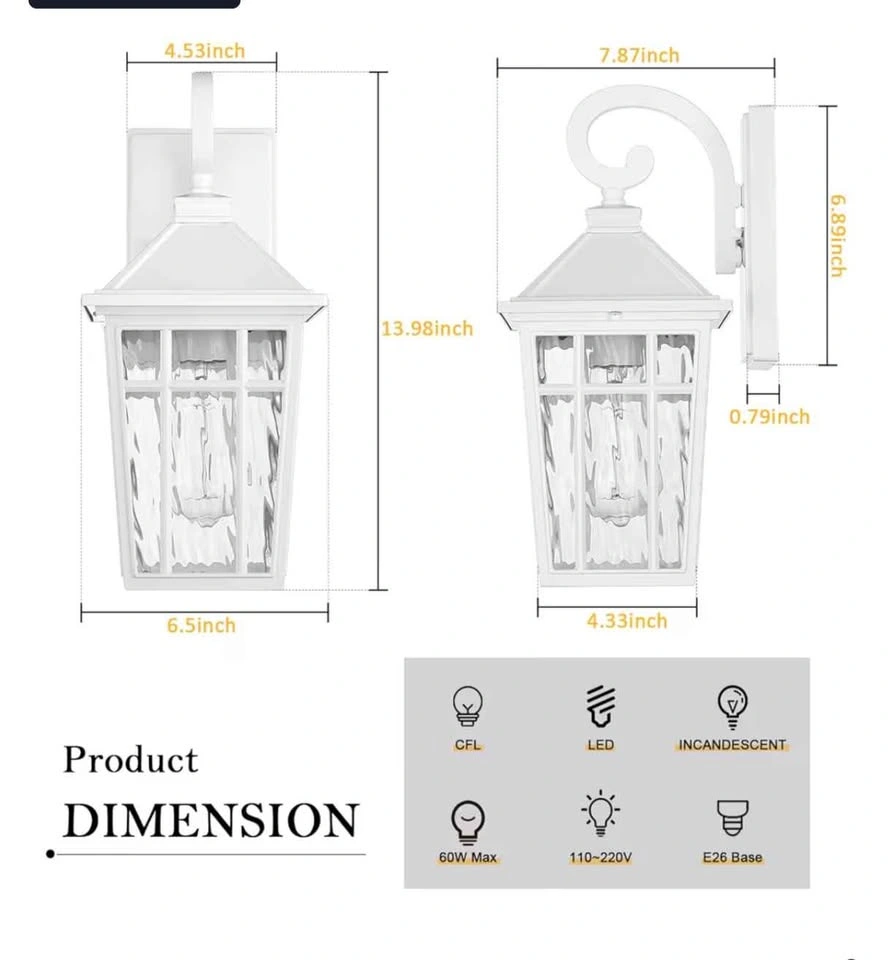 Wall Mount 14" Outside Porch Lights with Water Ripple Glass, Whi - photo 2