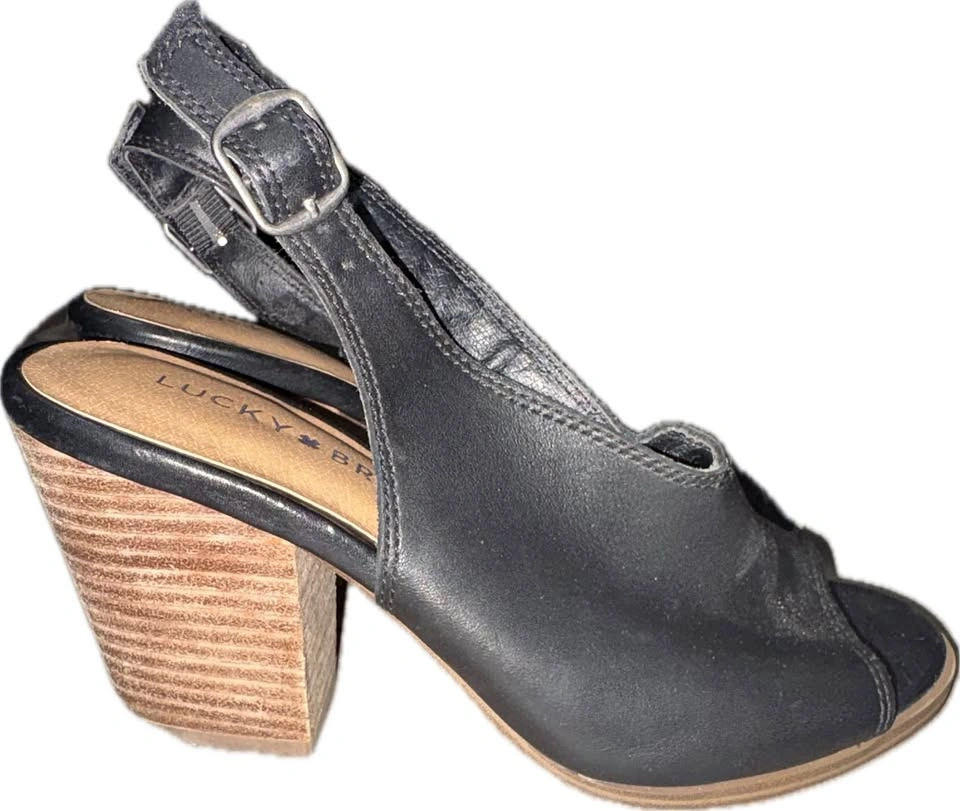 Lucky Brand Black Leather Slingback Peep Toe Heels Size 6